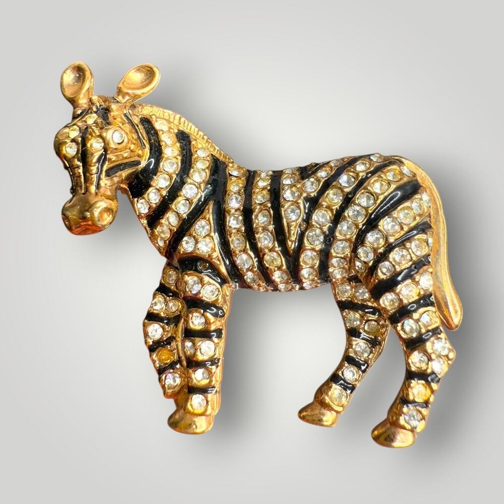 Vintage Zebra Brooch Gold Tone Black Enamel Rhinestone Animal Pin
